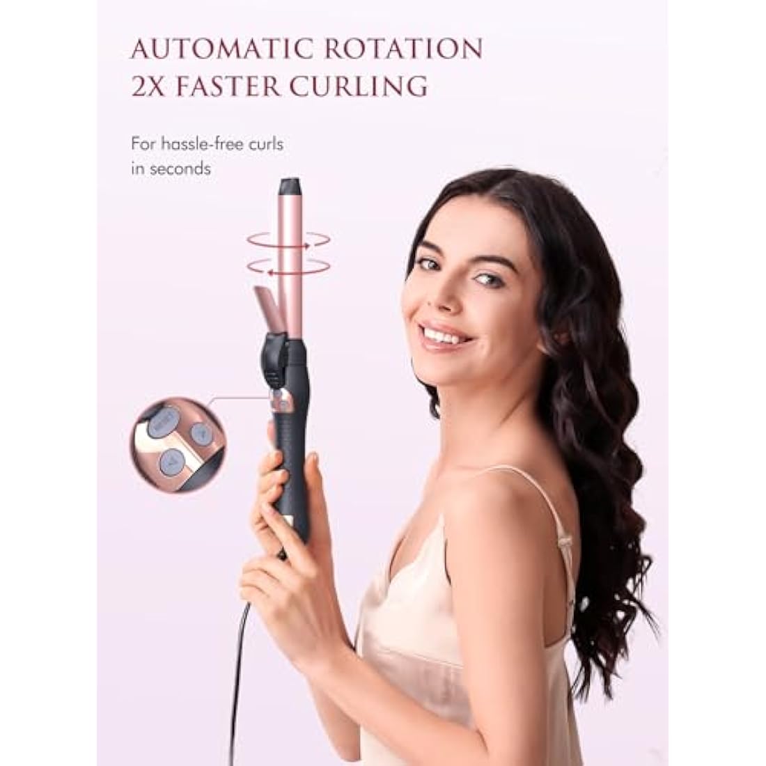 LANDOT Automatic Rotating Curling Tongs: 25mm Easy-to-use Auto Hair Curling Iron Curler - Spin Curling Wand Long Barrel for Salon Quality Curls and Waves - 5 Temp Settings fit All Hair Types