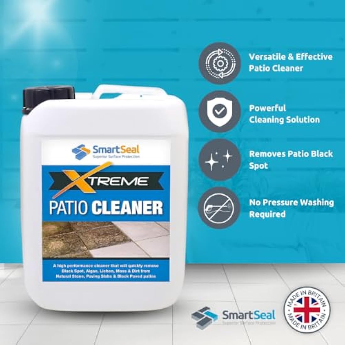 SmartSeal Patio Cleaner Xtreme - Powerful Easy To Apply Patio Cleaner Fluid - Highly Concentrated Patio Black Spot Remover and Paving Slab Cleaner - Eradicate Stubborn Patio Black Spots (5 Litres)