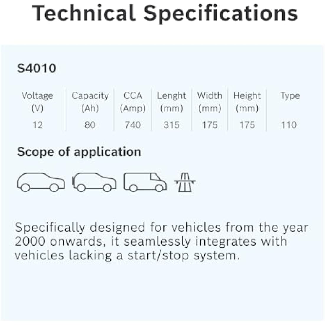 Bosch S4 010 Car Battery 80 A/h - 740 A - 12 V Battery, Type 110, Lead-acid for Non-Start/Stop Vehicles, Left (-) Right (+), 315 x 175 x 175 mm