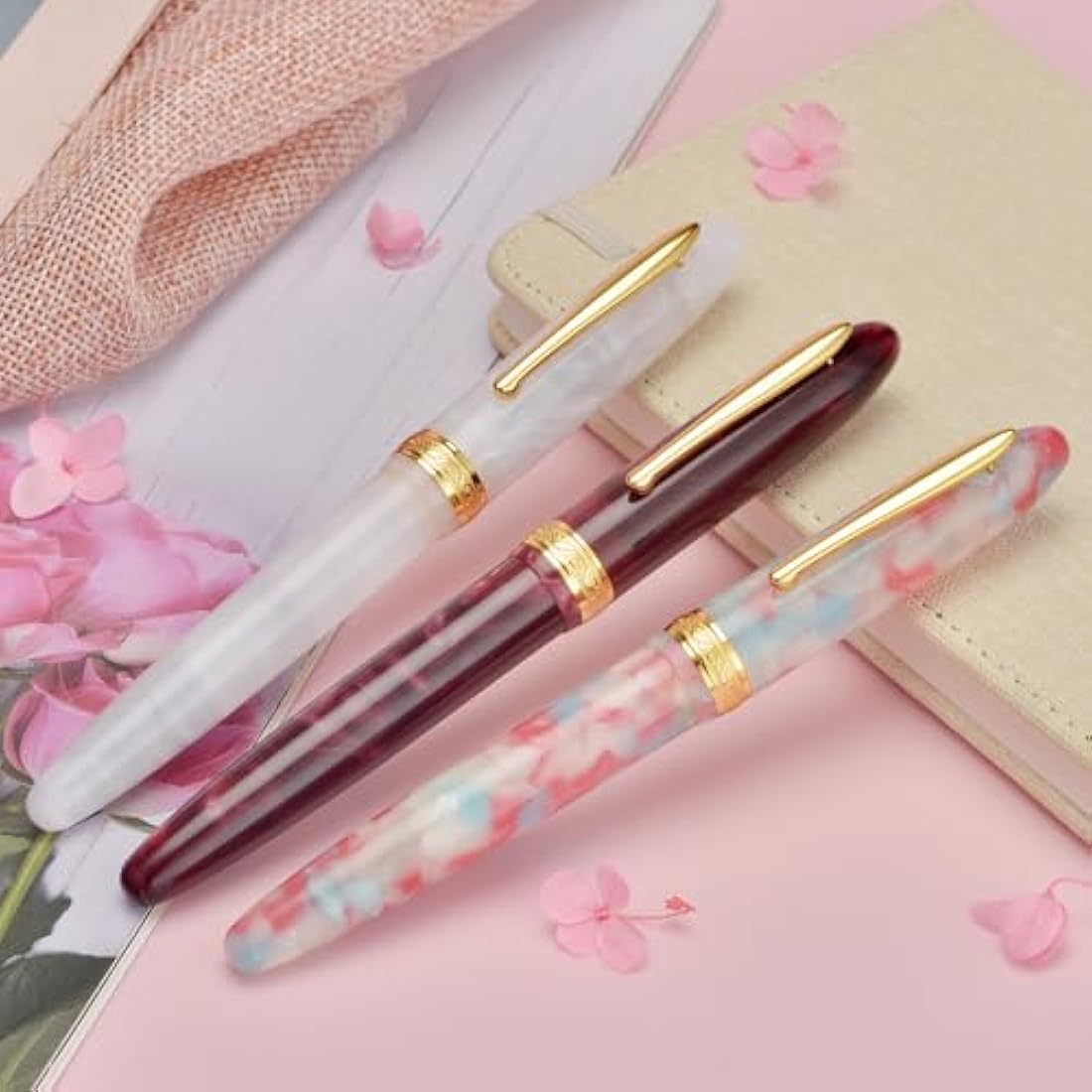 Hong Dian N9 Fountain Pen, Long Leaf Medium Point Gold Ornaments, Jade White and Acrylic Design with Converter and Metal Feather Box Set