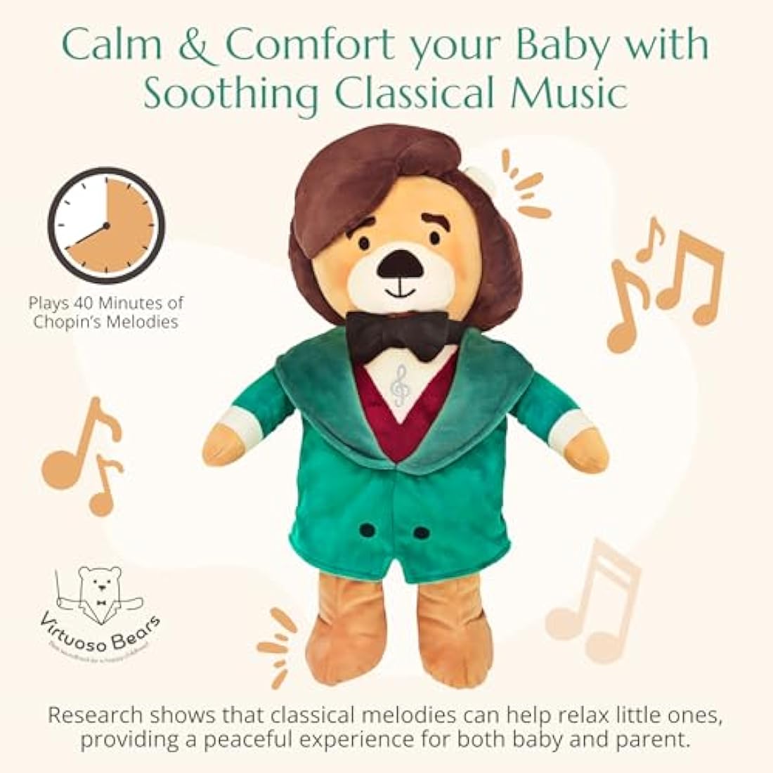Vosego Chopin Plush Bear – Plays 40 Mins of Classical Music, Educational & Soothing Interactive Teddy Bear for Babies & Toddlers, Ideal
