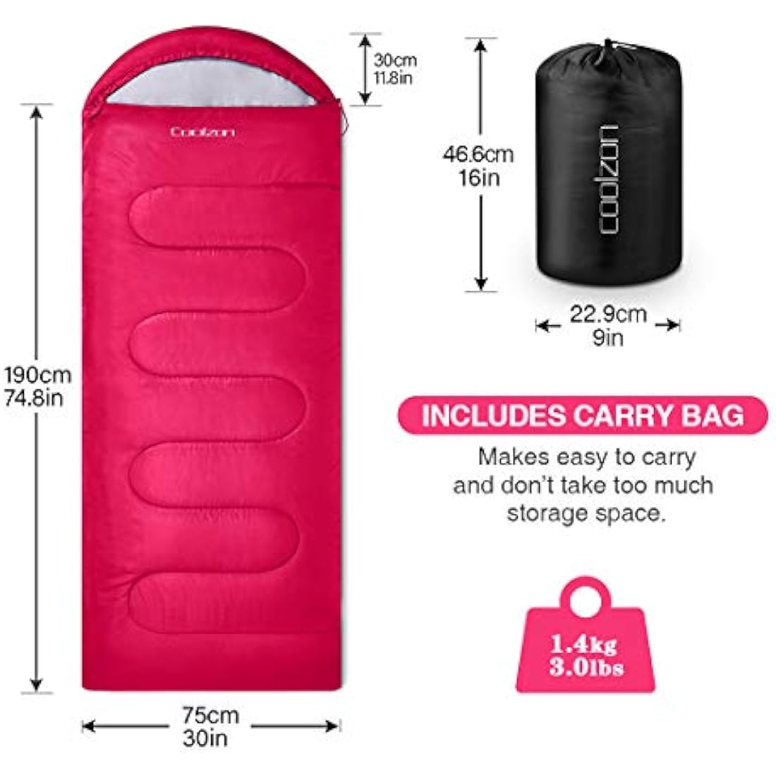 Coolzon Outdoor Sleeping Bag for Camping, for 3-4 Seasons, Adult Blanket, Small Packed Size, Ultralight Carry Bag, Soft, Thick and Warm, for Outdoor Camping, Travel, Hiking