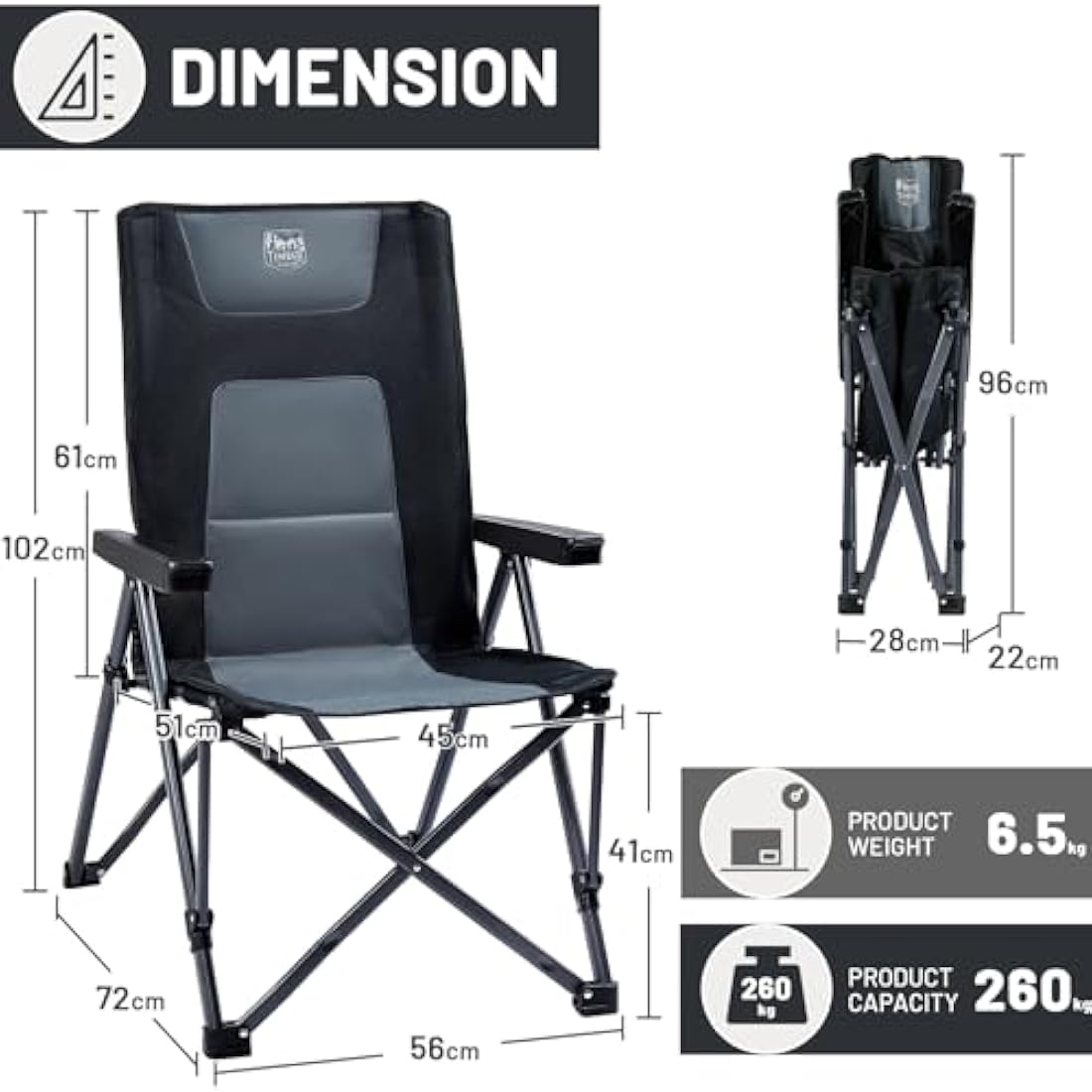 TIMBER RIDGE Folding Camping Chairs for Adults 260kg Capacity, Oversized Foldable Padded Heavy Duty Garden Chair with Adjustable Backrest, Portable Beach outdoor Picnic Dining Recliner
