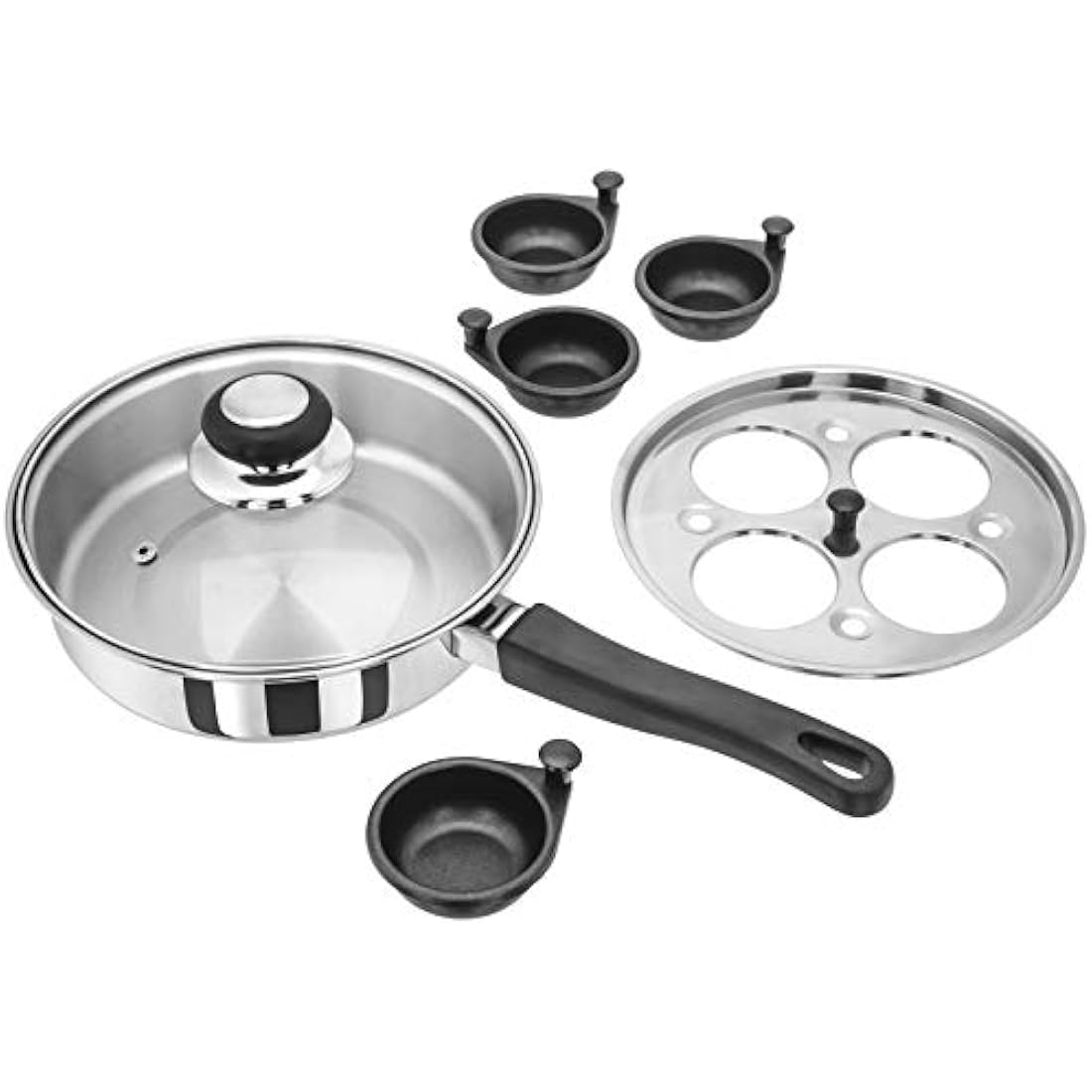 Judge Essentials Four-Cup Egg Poacher and Stainless Steel Frying Pan, 20cm, Vented Glass Lid and Stay-Cool Handle
