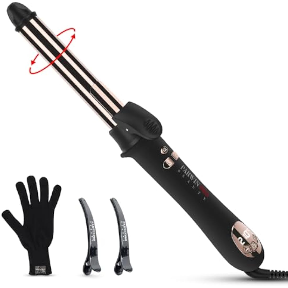 360° Rotating Automatic Hair Curler, PARWIN PRO BEAUTY 25MM Hair Curling Wand, Nano Titanium Coating Curling Tongs, Rotating Curling Iron with LCD Display, Dual Voltag, 120-210℃