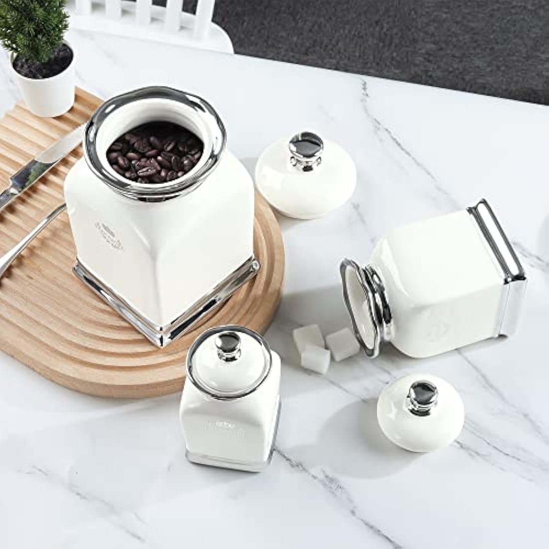 fanquare 3 Pieces Porcelain Storage Jar with Lid, Off White Coffee Tea Sugar Canister, Decorative Storage Jar for Biscuits, Spices