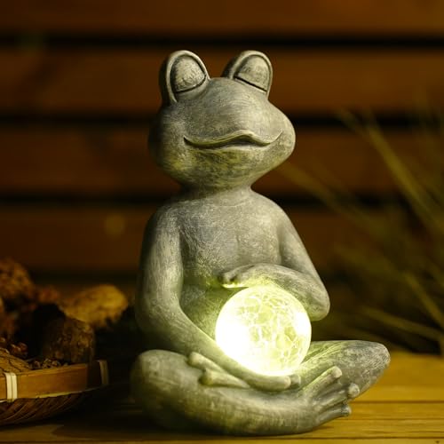Solar Outdoor Garden Meditating Yoga Frog Statue With Gazing Solar Ball- Frog Gifts for Women/Mom, Zen Garden Frog Figurines for Home,Garden