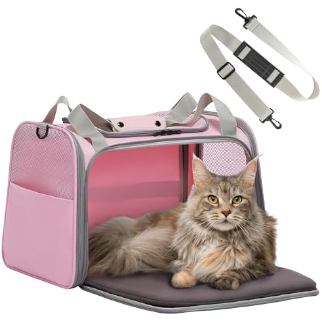Petsfit Large Cat Carrier Up to 12KG, Pet Carrier with Extendable Fleece Mat,Small Dog Travel Bag Carrier with Safety Leash for Puppy for Car Use, Pink Cat Carrier