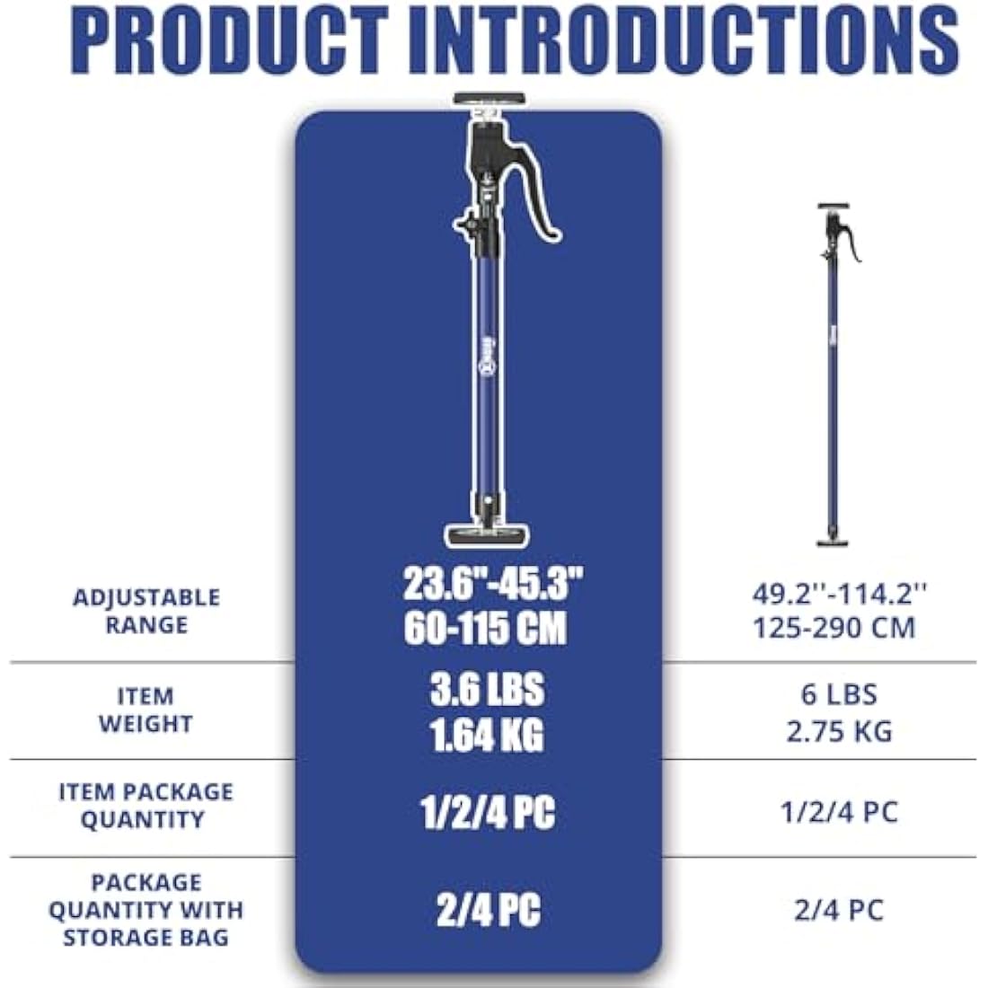 XINQIAO Third Hand Tool Support System, Premium Steel Support Rod with 154 LBS Capacity for Cabinet Jack, Drywall Jack& Cargo Bars, 23.6 IN to 45.3 IN Long, Blue, 2 PC