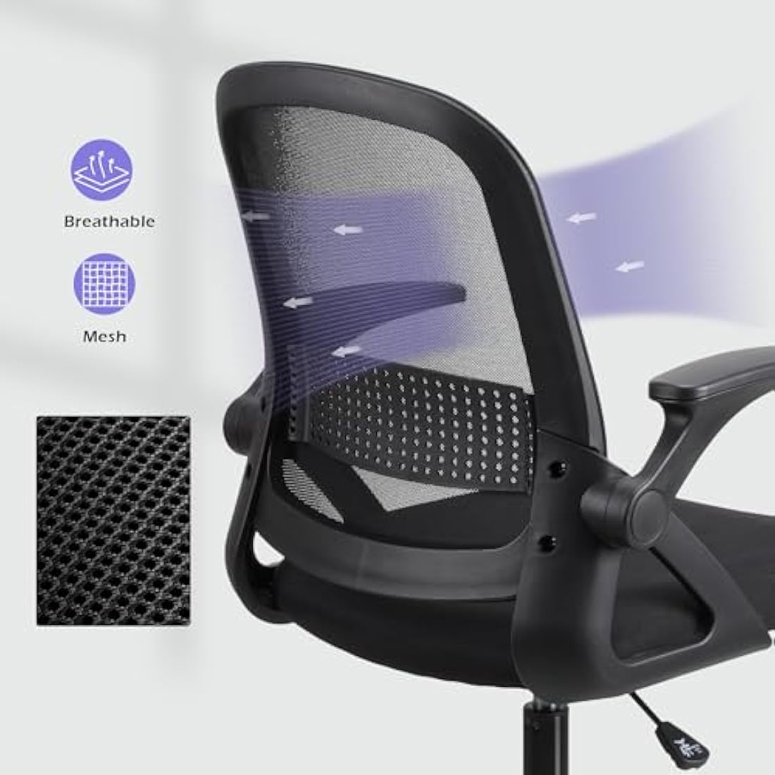 T-THREE.Adjustable ergonomic mesh swivel chair, office and study seat with lumbar support, height adjustment, 360° rotation, 90° flip-up armrests for home office(Black)