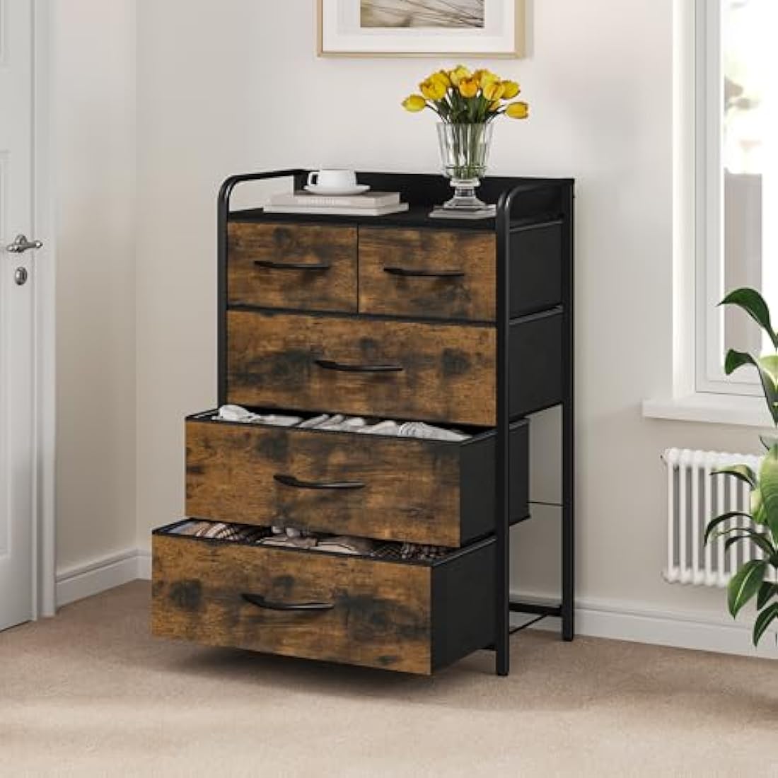 YITAHOME Chest of Drawer with 5 Drawers for Bedroom Fabric Dresser Storage Drawers With Handles Metal Frame for Living Room, Hallway,Rustic Brown