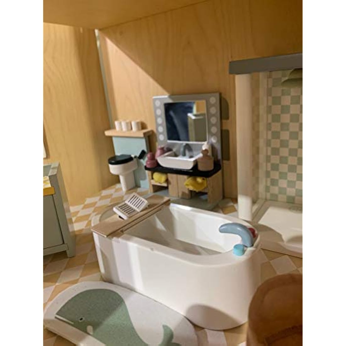 Tender Leaf Toys Dolls House Bathroom Furniture - Wooden Bathroom Suite with Bath, Shower, Toilet and Sink Unit for Dolls 10-12cm Tall