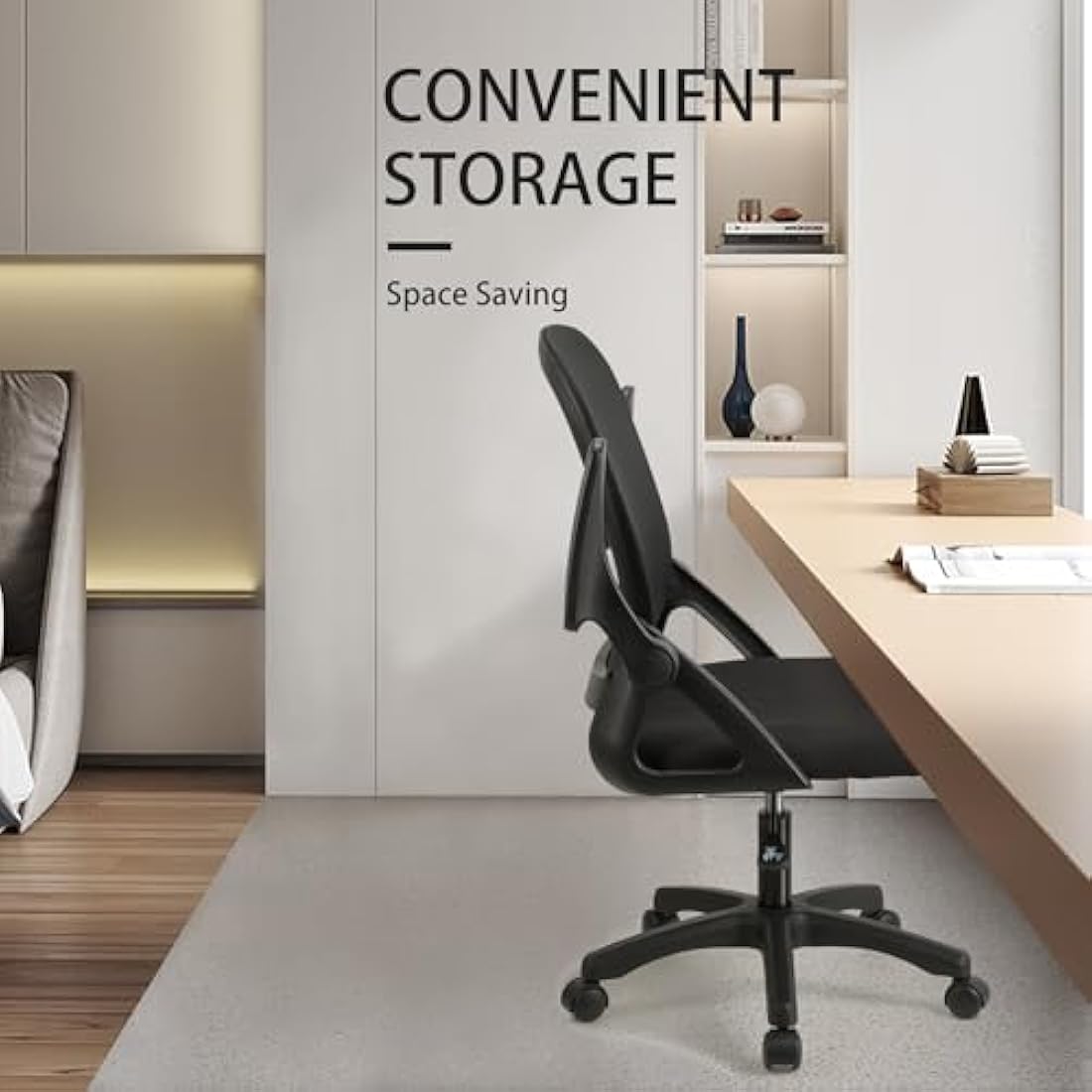 T-THREE.Adjustable ergonomic mesh swivel chair, office and study seat with lumbar support, height adjustment, 360° rotation, 90° flip-up armrests for home office(Black)