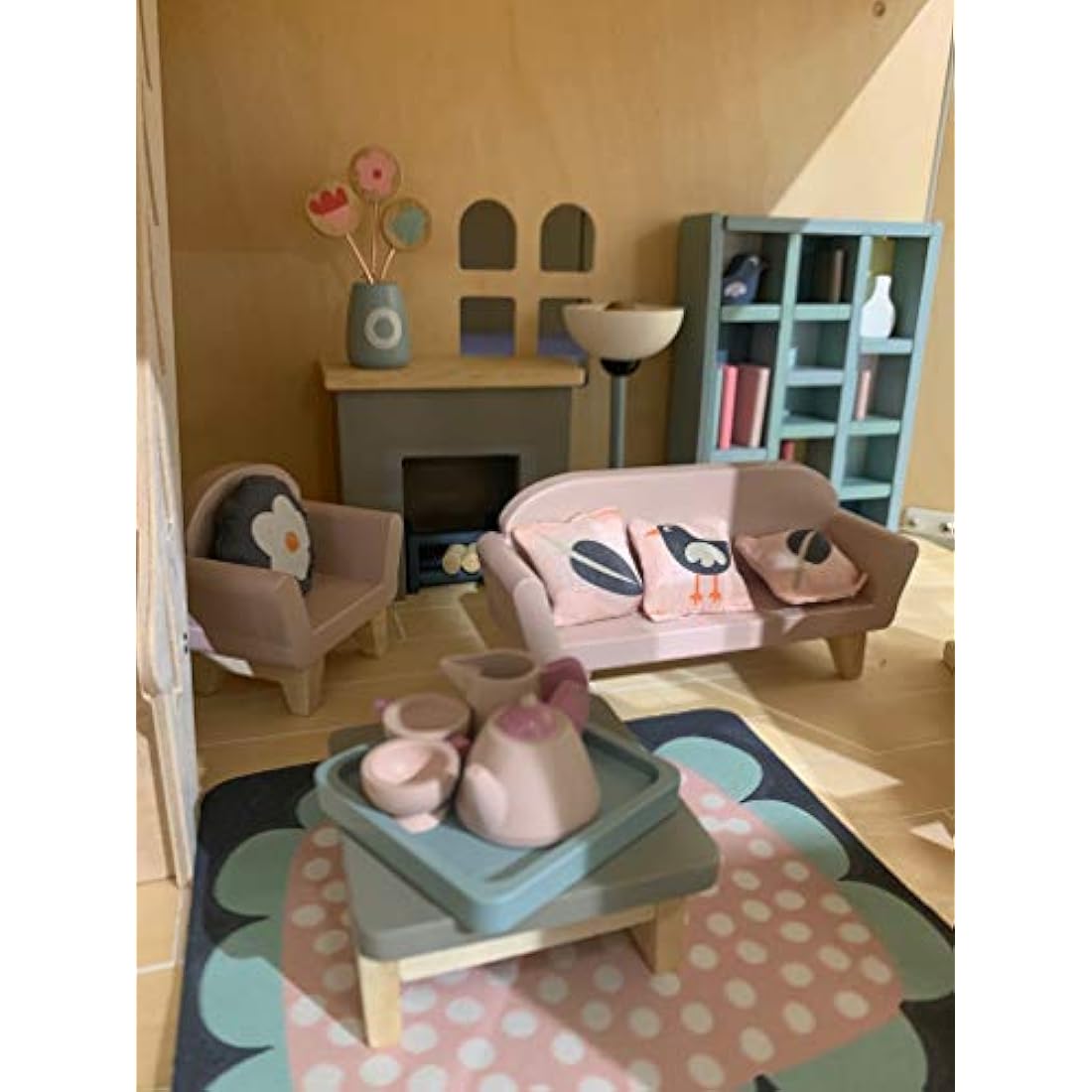 Tender Leaf Toys Dolls House Sitting Room Furniture - Wooden Sitting Room Furniture with Fireplace, Bookcase, TV, Sofa, Chair and Coffee Table for Dolls 10-12cm Tall