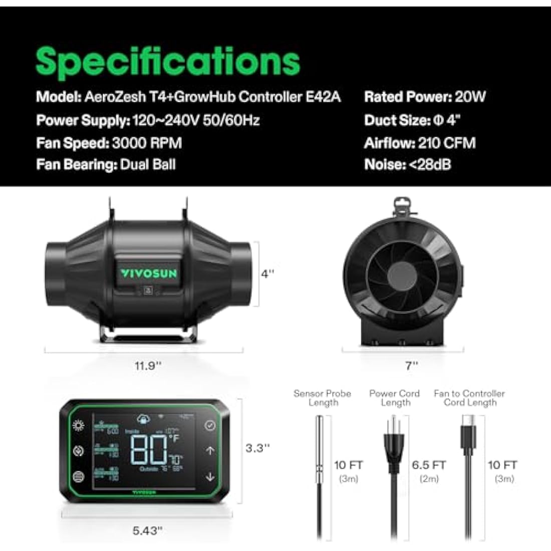 VIVOSUN Inline Duct Fan 100 mm Quiet Extractor Fan 357 m³/h with EC Motor and GrowHub E42A WLAN Controller AeroZesh T4 Fan for Grow Tents and Hydroponics