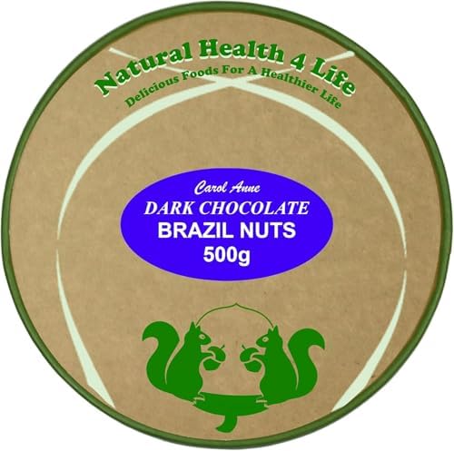 Natural Health 4 Life Carol Anne Confectionery Dark Chocolate Brazil Nuts 500g, Recyclable Kraft Tub and Sealed with Kraft Paper to Retain Freshness, Gluten-Free, Vegetarian,7.6g Protein/100g (1 Tub)