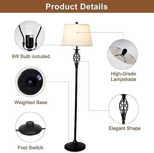 Depuley Modern Table and Floor Lamps, 3 Pack With White Linen Lampshade, Farmhouse Lamp Set for Living Room Bedroom Nightstands, Black (Bulb Included)