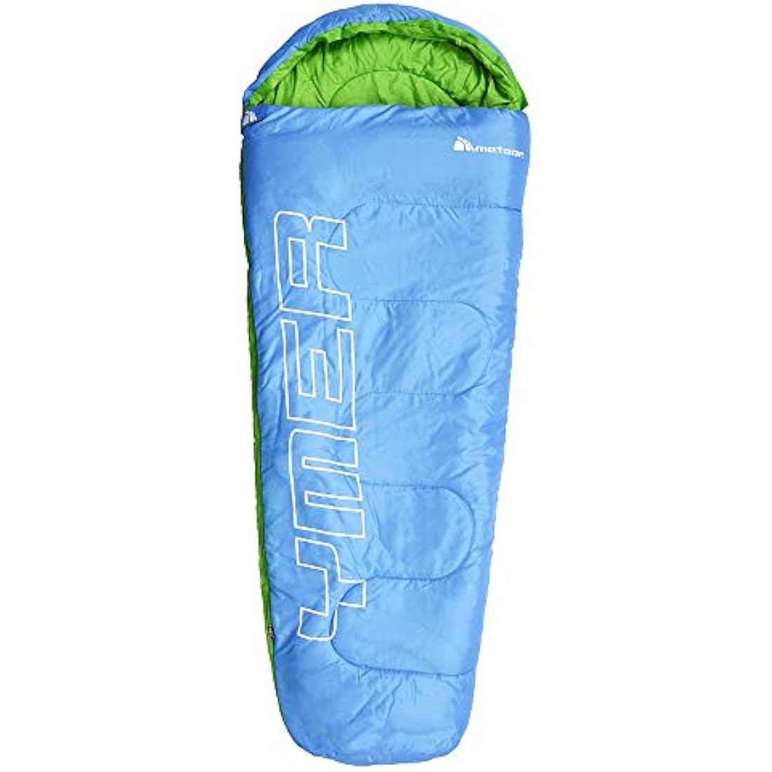 Meteor - YMER Kids Sleeping Bag – Camping Equipement for Girls, Boys & Teens – Compact Travel Gear for Hiking, Sleepover – Winter, Spring, Summer or Fall – for Kids 155 cm Tall - Blue/Green