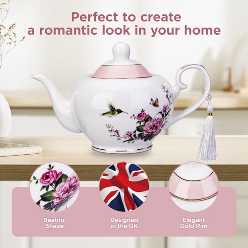 London Boutique teapot with Infuser - Tea Pot infusers for Loose Tea -700ml Capacity Perfect 2 Cup teapot -Easy Grab Handle Teapots (Rose Bird Butterfly Pink)