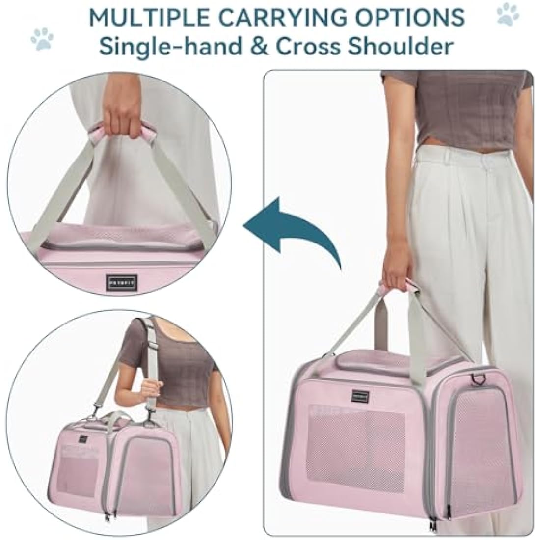 Petsfit Large Cat Carrier Up to 12KG, Pet Carrier with Extendable Fleece Mat,Small Dog Travel Bag Carrier with Safety Leash for Puppy for Car Use, Pink Cat Carrier