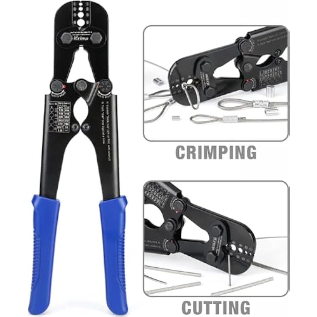 iCrimp Wire Rope Crimping Tool Kit with 330 Loop Sleeves and 45 Stainless Steel Thimbles, Built-in Cable Cutter, Heavy Duty Swager for Fishing, Cable Railing, Decking, and Outdoor Use