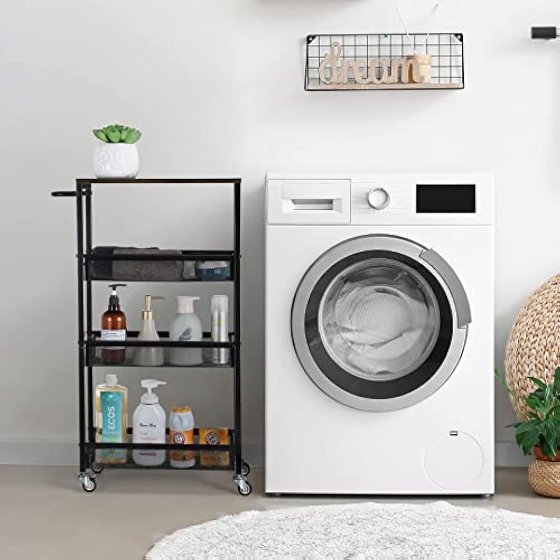 LIANTRAL Slim Storage Cart, Kitchen Storage Trolley, 4 Tier Rolling Kitchen Shelving Unit on Wheels Mobile Narrow Cart with Wooden Tabletop for Bathroom, Laundry Narrow Places, 42 x 18.5 x 80.5 cm