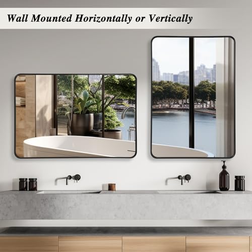LunaMirror Wall Mirror 60x90 CM Wall-Mounted Bathroom Vanity Mirror Stylish Black Mirror Wall Decor Rectangle Wall Hanging Mirror with Curved Corners