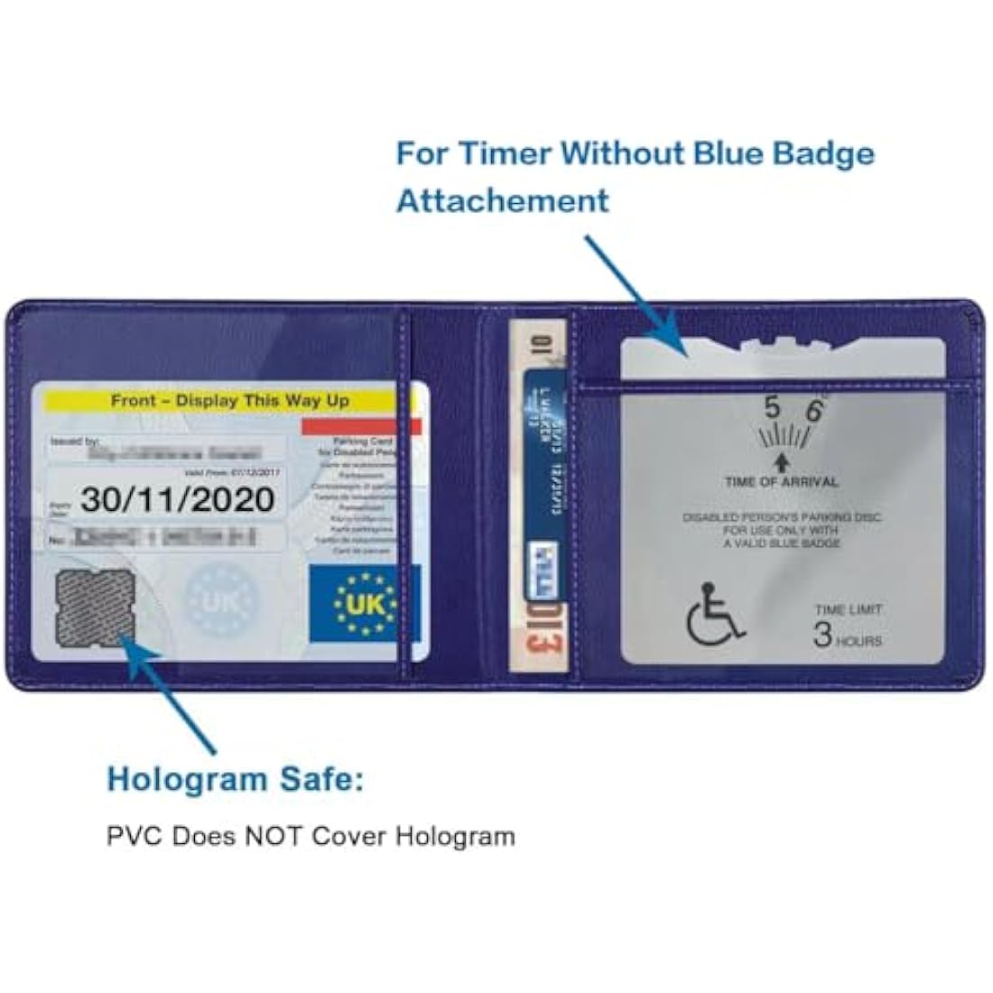 Wisdompro PU Leather Disabled Blue Badge and Timer Holder Wallet Protector Disability Parking Permit Discreet Cover Hologram Safe - Blue