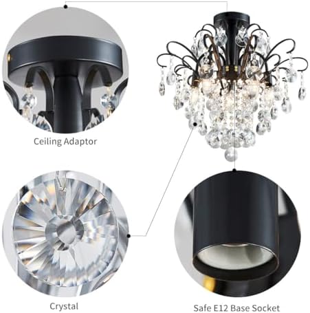 WUZUPS Crystal Chandelier 5-Light Pendant Ceiling Light Modern Lighting Fixture for Bedroom Hallway Bar Kitchen Bathroom, H 45 x W 50, E14 Base, Black