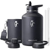 Coolflask 2L Water Bottle Stainless Steel with PU Leather Sleeve, Half Gallon Insulated Water Bottles with Straw Lids, Stainless Steel Metal Large Water Jug, Keep Cold 48h Hot 24h, Polar Black