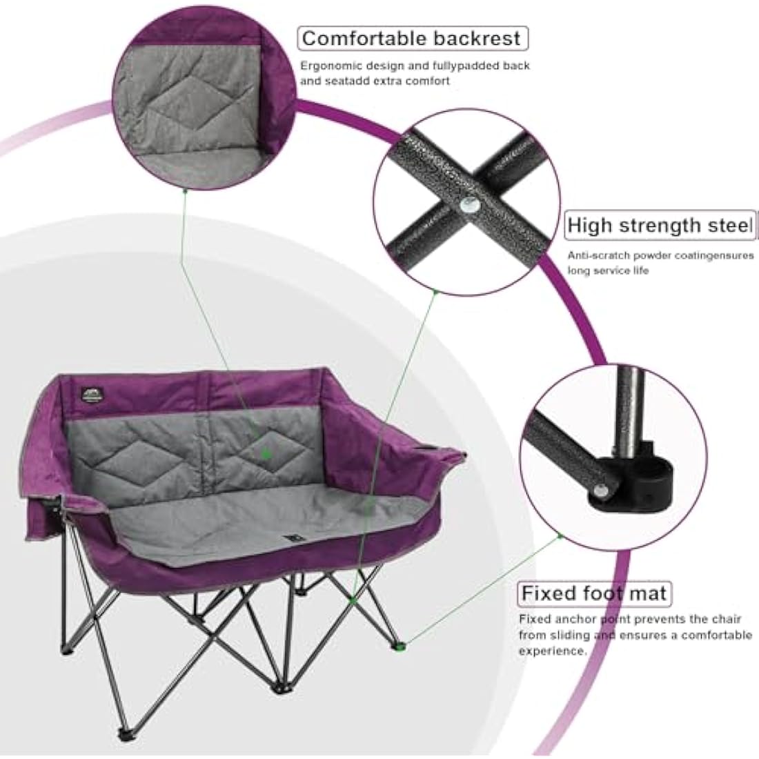 LANMOUNTAIN Folding Loveseat Camping Chair, Portable Double Chair w/Cup Holder,Wine Glass Holder,Carry Bag Heavy Duty Lawn Chair for 2 Adults,Perfect for Camp,Hiking,Picnics and Beach Trips,Purple