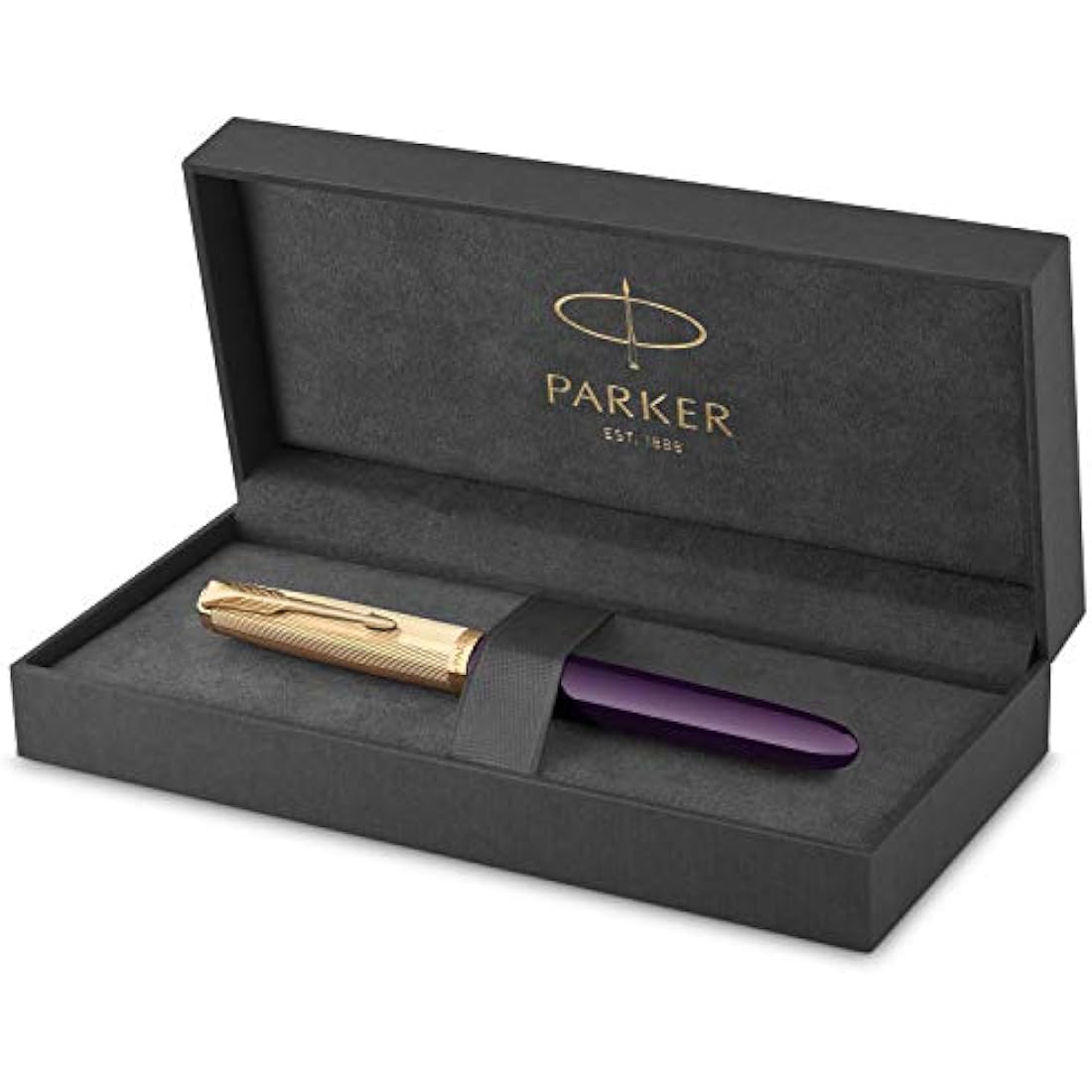 Parker 51 Fountain Pen | Deluxe Plum Barrel with Gold Trim | Fine 18k Gold Nib with Black Ink Cartridge | Gift Box