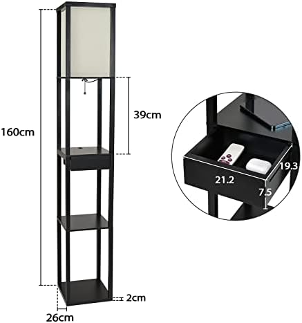 PULUOMIS Floor Lamp with Shelves, 3 Tier Storage Standing Lamp with LED Bulb, 2 USB Charging Ports and 1 Drawer, Modern Reading Lamp for Living Room, Bedroom, Office, Home Decoration, Black