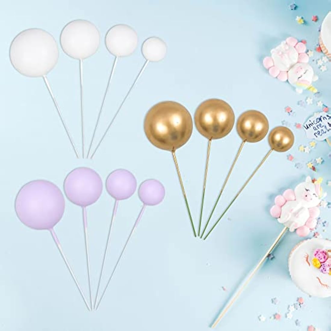 Gyufise 30Pcs Ball Cake Topper Ball Cake Picks Colorful Pearl Ball Shaped Cupcake Insert Cake Topper for Babyshower Birthday Party Favors Wedding Decoration Supplies Purple White Gold