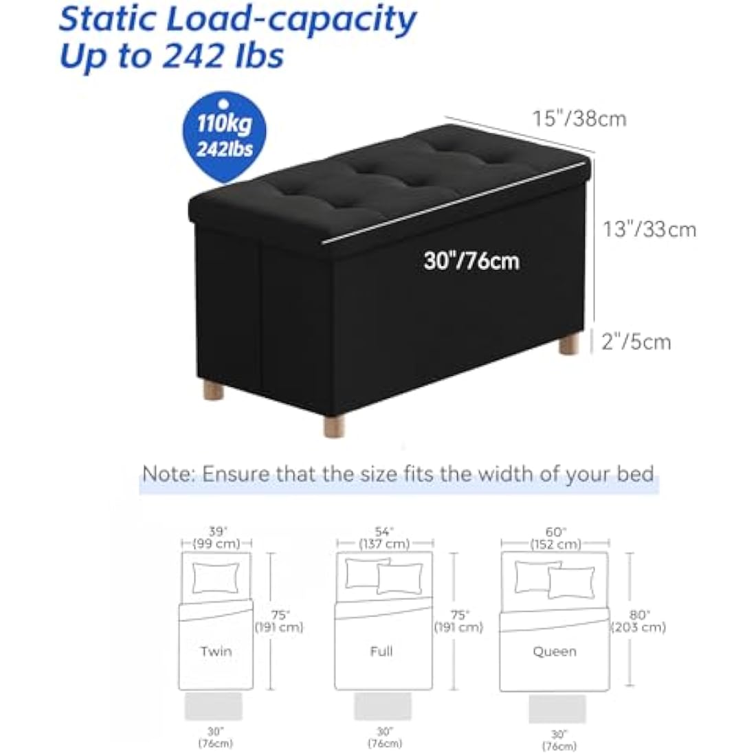 BRIAN & DANY Ottoman Storage Box with 4 Wood Legs, Linen Storage Ottoman for Living Room, Black, 76 x 38 x 38 cm