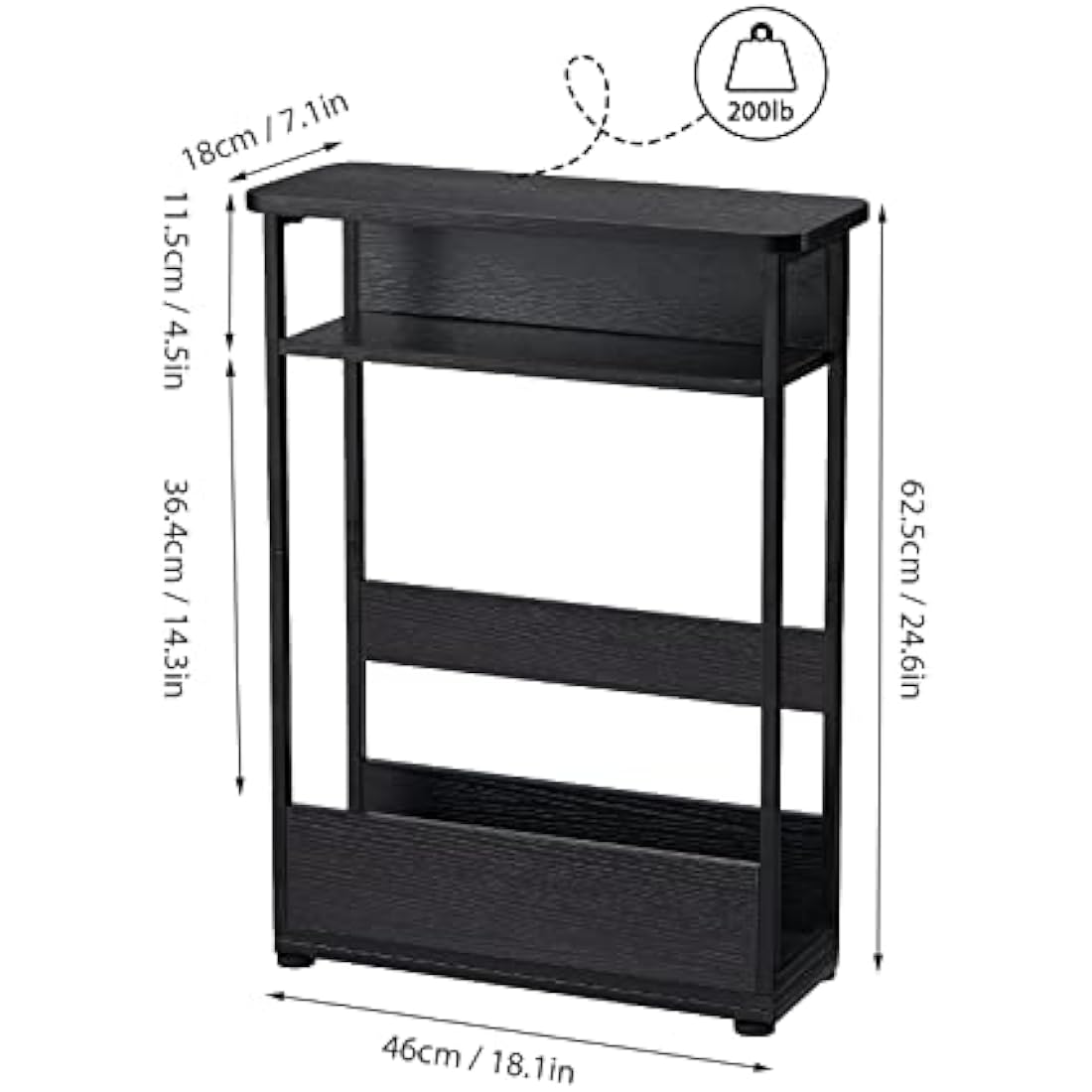 YEAKOO Narrow Side Table with Storage Shelf, 3 Tier Slim End Table for Small Spaces, Narrow Bedside Table, Small Nightstand with Magazine Rack 46x18x62.5cm
