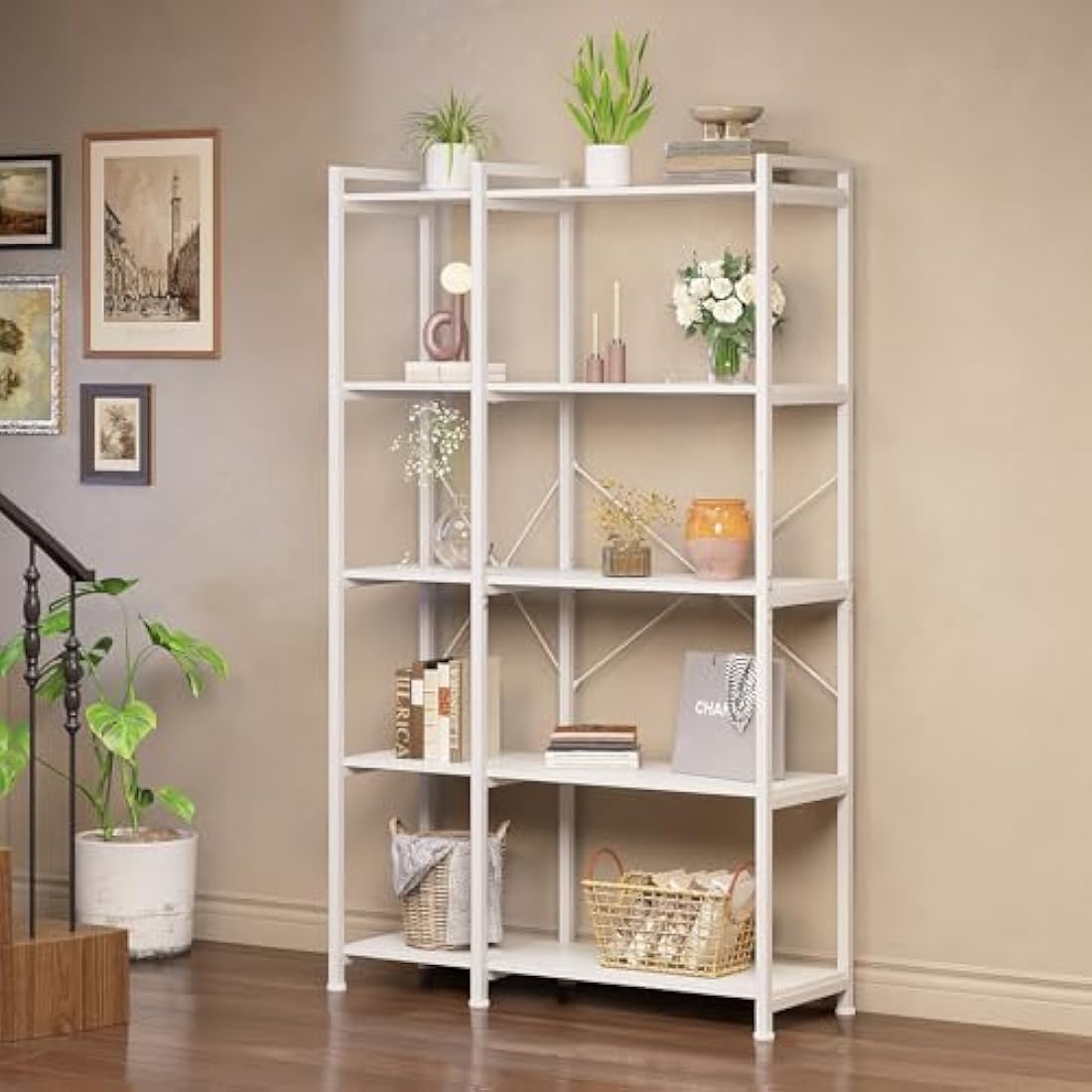 VEDECASA 5 Tiers Corner Bookcases L Shaped Corner Bookshelves White Bookshelf Storage Display Rack with Metal Frame for Living Room Home Bedroom Home Office Study Room White