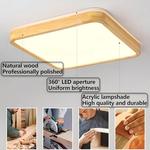 YYUTLUO LED Ceiling Light Wood, Top 360 Glow Square Natural Wooden Lamp | 3000K Warm White, 18W 1600lm | Living Room, Kitchen, Dining Room, Hallway,