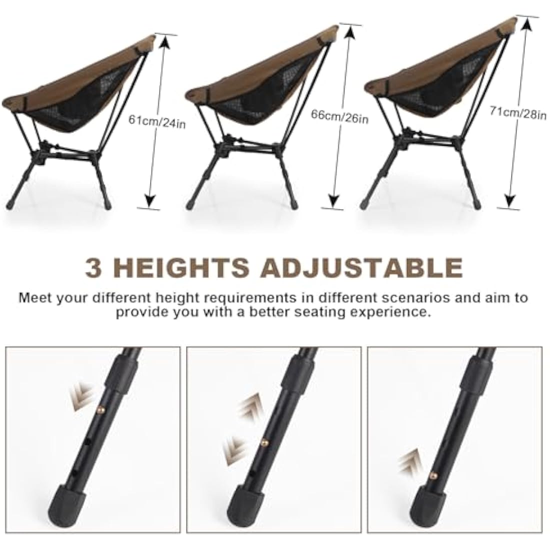 Lightweight Folding Camping Chair: Portable Ultralight Height Adjustable Folding Camping Chair 330 lbs Capacity with Side Pockets Ideal Backpacking Chairs for Short hikes and Cycling Trips (Khaki)