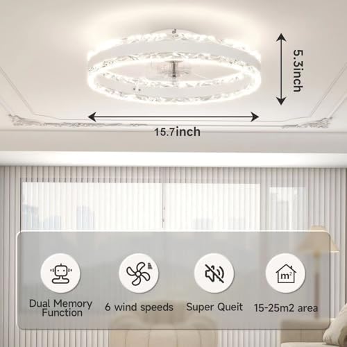 VOLISUN Ceiling Fans with Lights and Remote, 40cm Modern Smart LED Ceiling Fan Light, 6 Speeds and 3000K-6500K Dimmable Quiet Fan Ceiling Lights for Bedroom Living Room Dining Room (White)