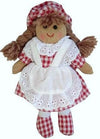 ragdoll with red check dress and hat and gift bag