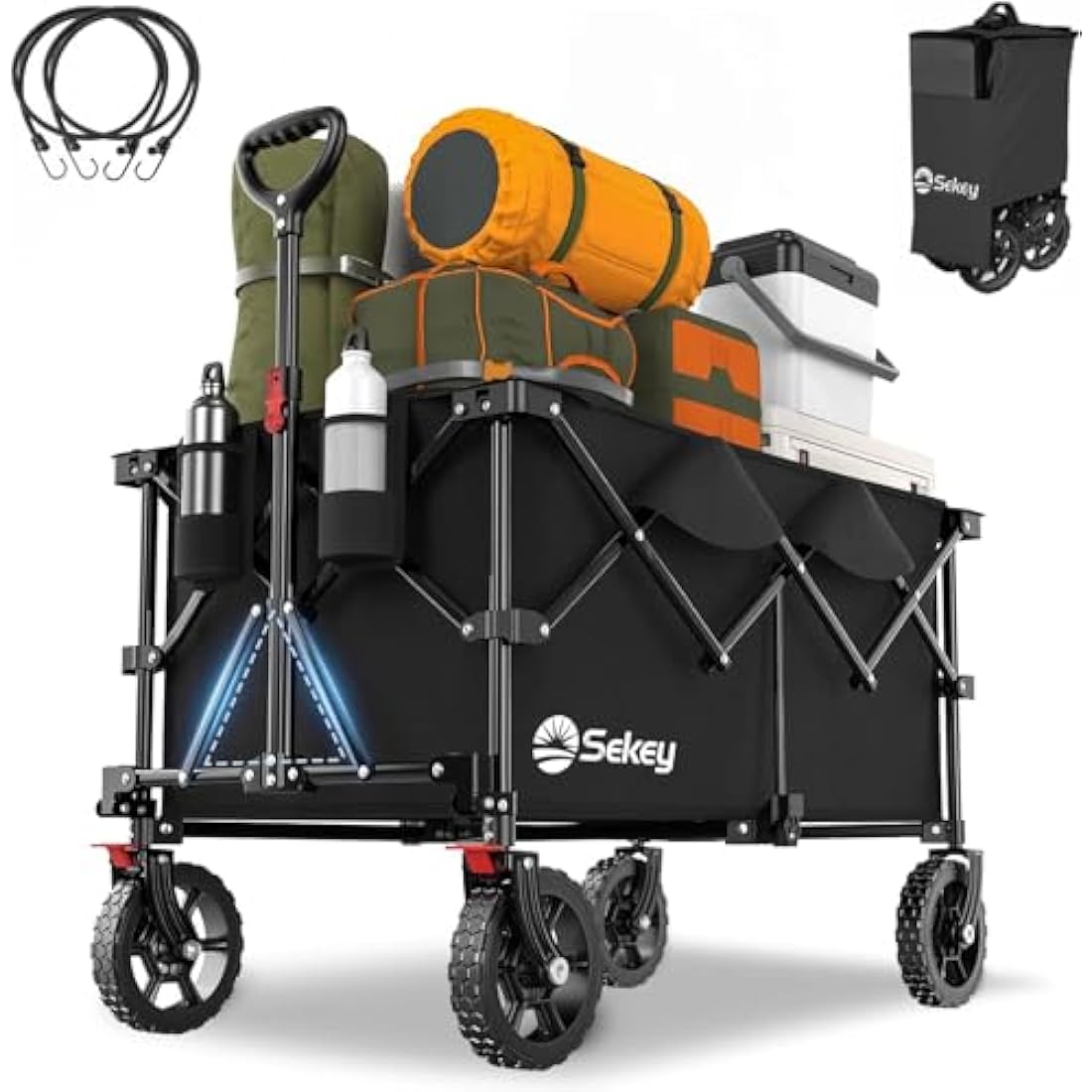 Sekey 200L Folding Festival Trolley with All-Terrain Wheels and Brake, Heavy-Duty Cart Loadable up to 150KG (330LB), Patented Four-Directional Foldable Design, Wagon for Beach Camping Garden, Black