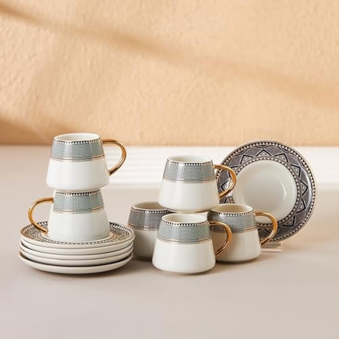 KARACA Globe Turkish Coffee Cup Set for 6 People, Small Porcelain Espresso Cups Set, 12 Piece Coffee Cups with Saucers, Ideal for Serving Arabic Coffee, Greek Coffee (80ml)
