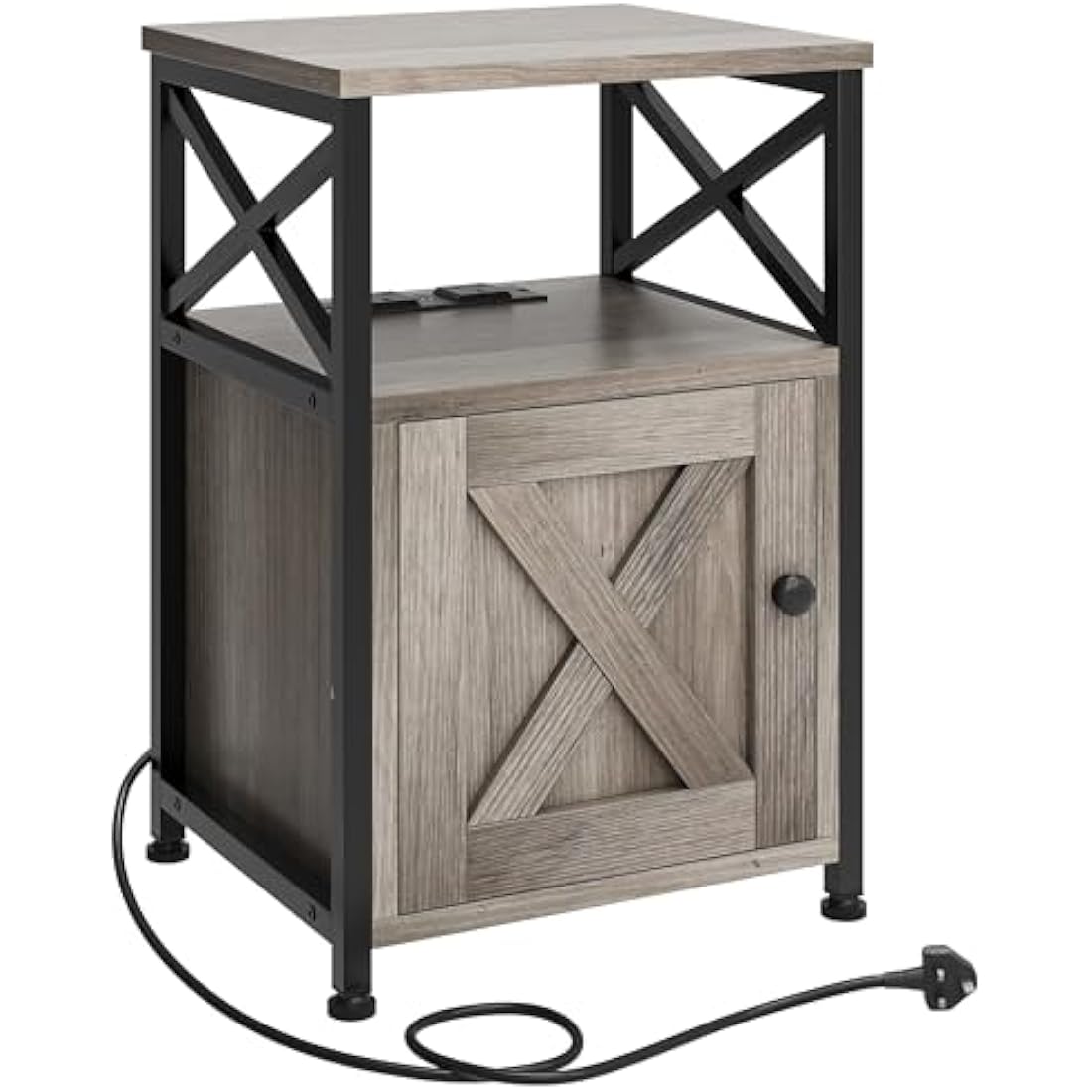 YITAHOME Side Table, Bedside Table with Storage Cabinet, X-Shaped Sofa End Table with Charging Station, 2 USB Ports & Power Outlets, Living Room Coffee Table, Metal Frame, Bedroom, Grey, 40x35x60cm