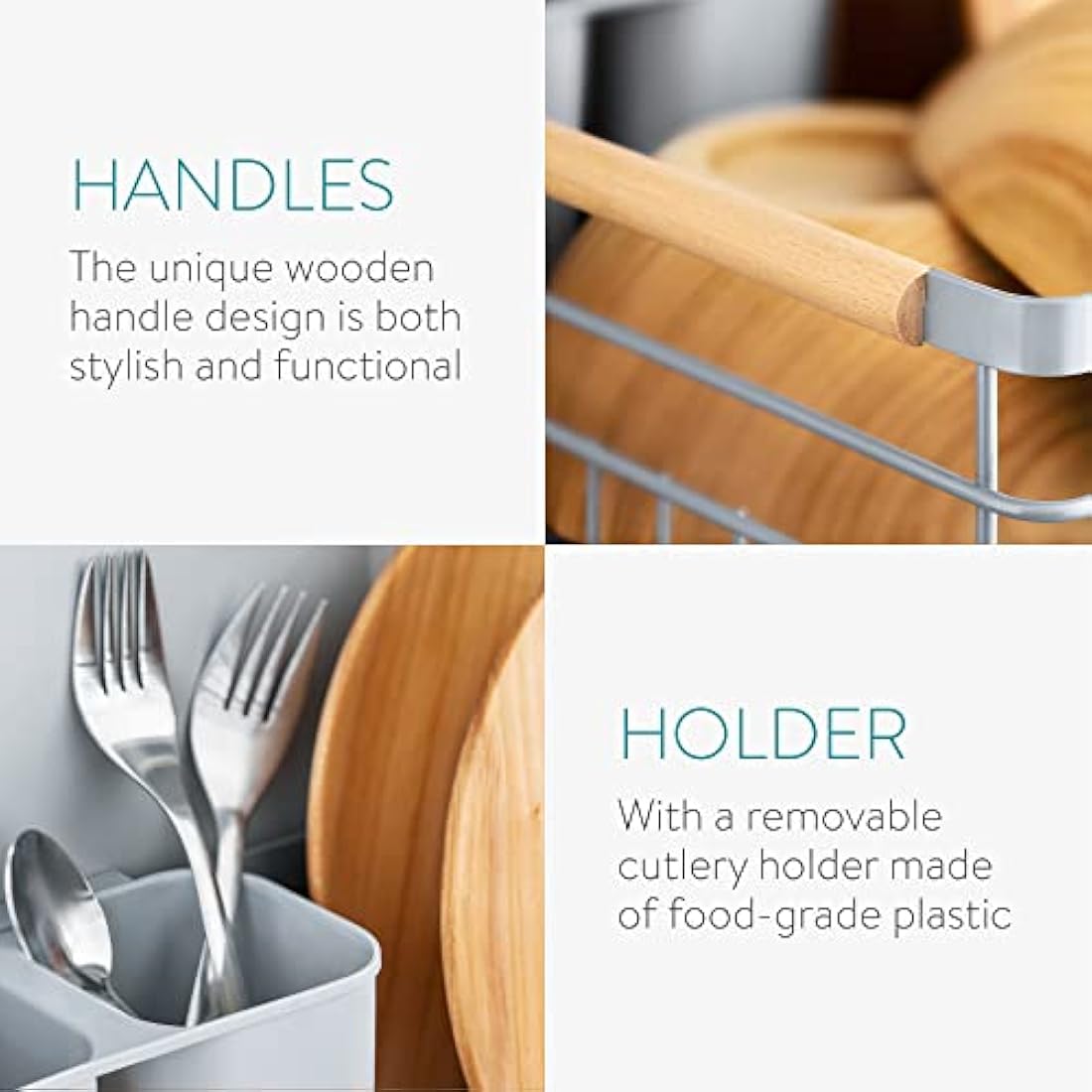 Navaris Dish Drainer Rack - Draining Rack with Beechwood Handles, Cutlery Holder and Drip Tray - Washing Up Dishes Drying Rack for Kitchen Sink - Grey