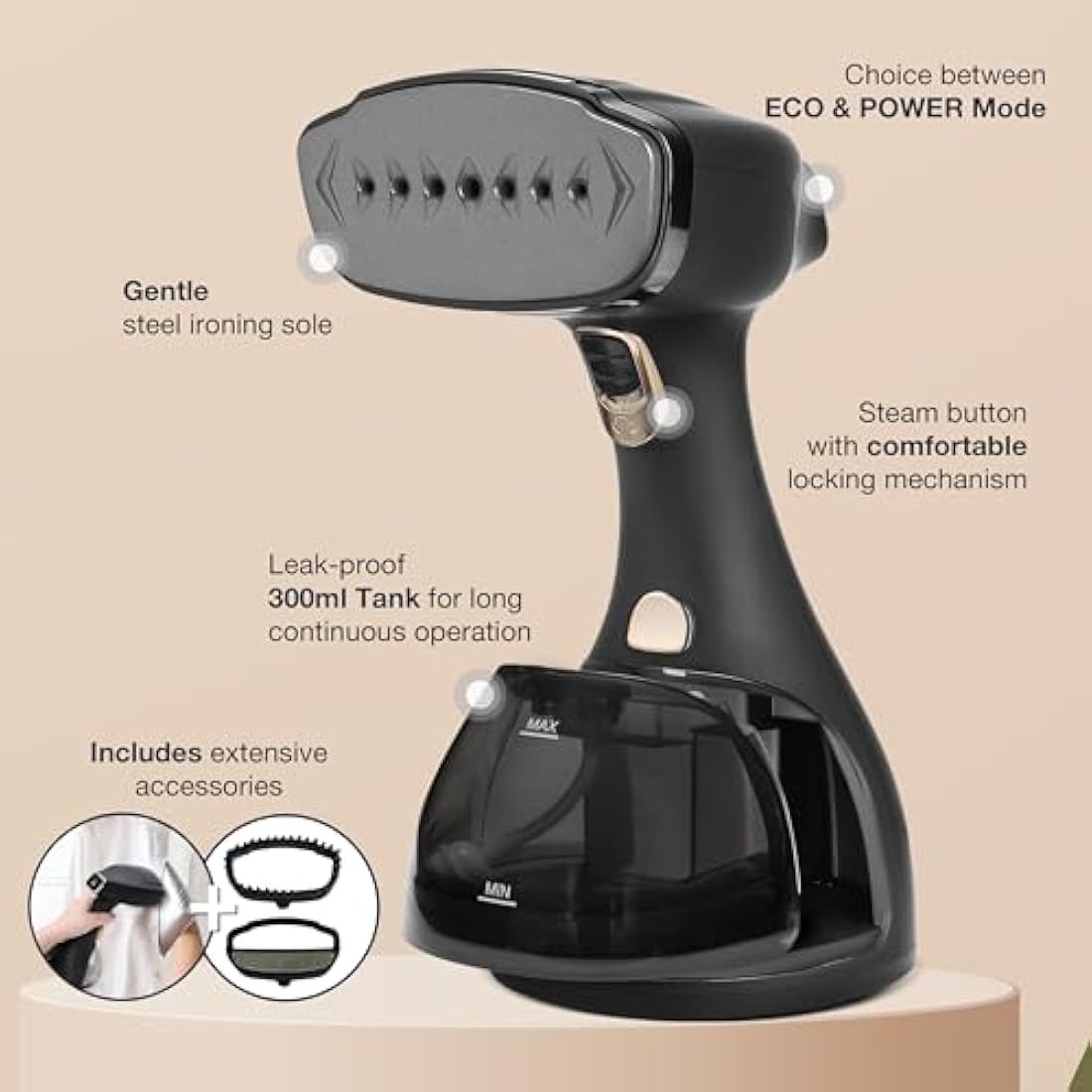 LEBENLANG Handheld Clothes Steamer Iron - 1500W & 300ml I Incl. 2 Attachments & Ironing glove I Vertical Garment Steamer Clothing steam Hand Held Steamers for clothes I Portable for Shirt Curtain Suit