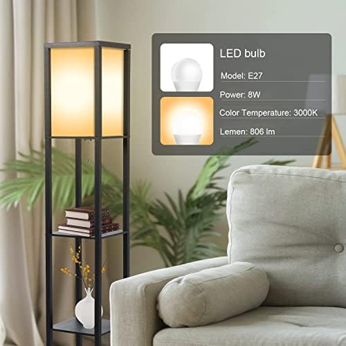 PULUOMIS Floor Lamp with Shelves, 3 Tier Storage Standing Lamp with LED Bulb, 2 USB Charging Ports and 1 Drawer, Modern Reading Lamp for Living Room, Bedroom, Office, Home Decoration, Black