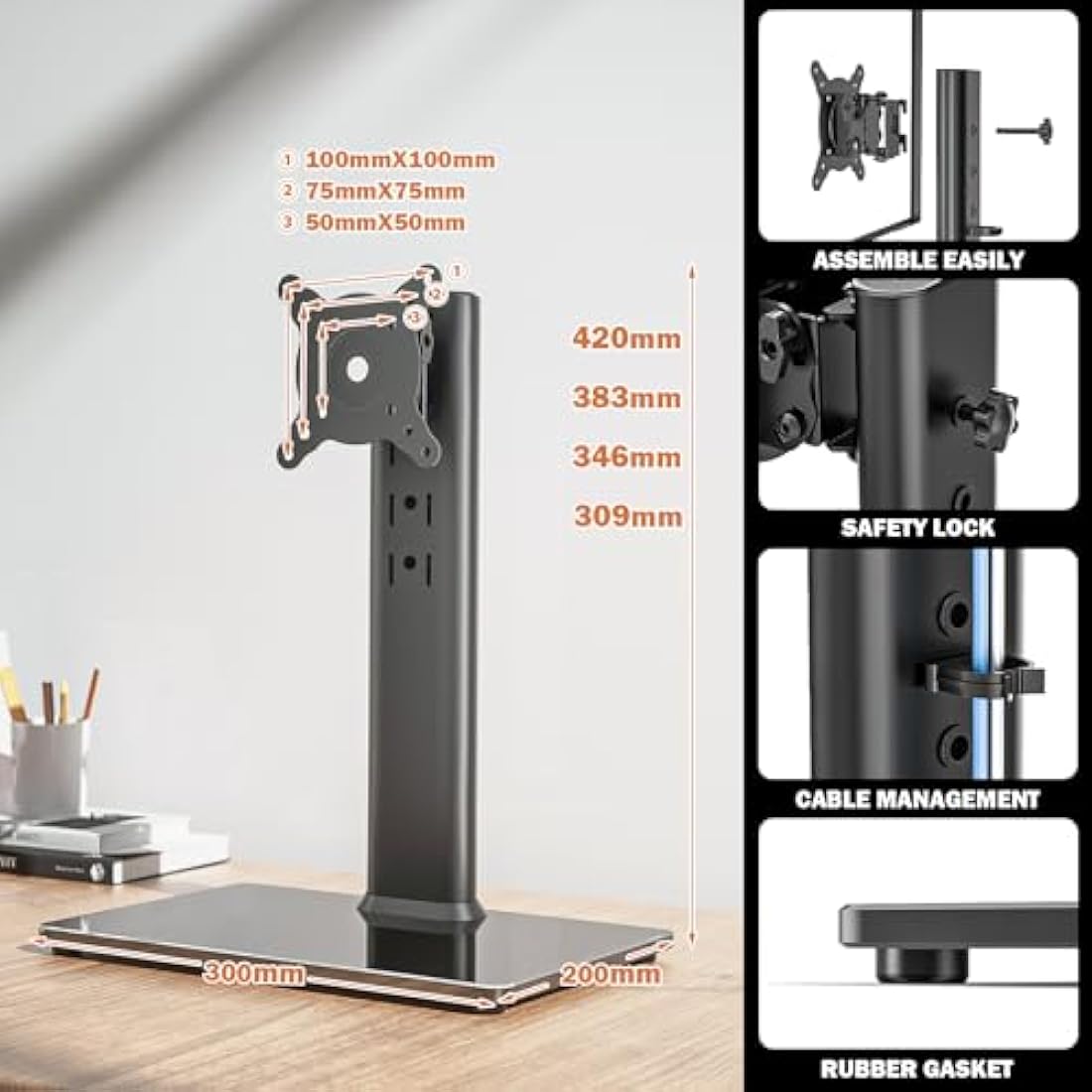 Single LCD Computer Monitor Free-Standing Desk Stand Riser for 13 inch to 32 inch Screen with Swivel, Height Adjustable, Rotation, Holds One (1) Screen up to 35kgs