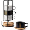 HOME DECOR Stackable Ceramic Coffee Cup, 160ml Cappuccino Mugs and Saucer with Metal Stand for Espressos, Cappuccinos and Lattes Cup, Set of 4 - Striped Collection