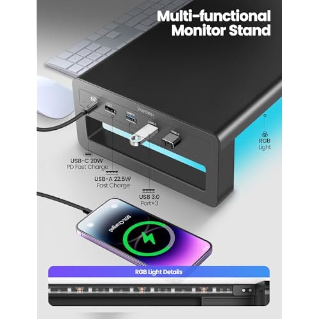 VAYDEER Monitor Stand with 4 USB 3.0 Ports, Metal Computer Screen Riser Lifter for Desk, Office PC Screen Shelf Tidy Space Saver Organiser for Laptop, Computer, iMac, up to 32 Inches - Black